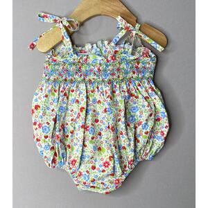Vive La Fete Girls 6 Mo Strawberry Floral Smocked Shoulder Tie Bubble Romper